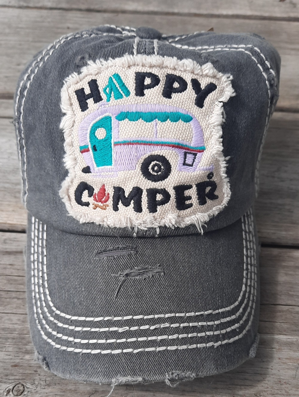 Happy Camper Baseball Cap Hat Headwear KBETHOS Vintage Look Camping DK Gray NWT